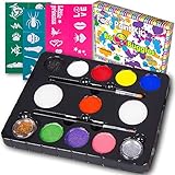 Face Paint Kit with 30 Stencils, 9 Paints + 2 Glitters "Original Buggly Kit" By Bo Buggles Kids: Large 4 gram Professional Paints, 2 Brushes, 2 Sponges. Pro-Quality Non-Toxic Face Painting Palette