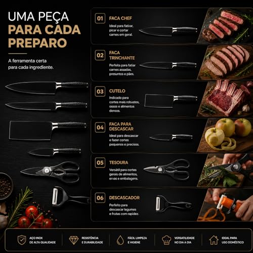 Kit Facas de Cozinha 6 Peças em Aço Inox com Tesoura | Ideal para carnes, legumes, frutas e preparos do dia a dia