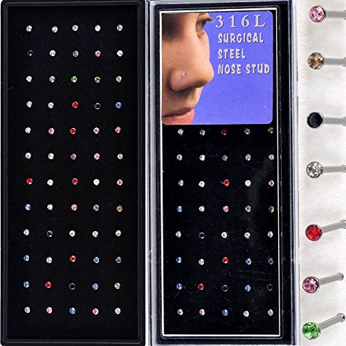 YanTuj Women's 18G 60pcs Stainless Steel Nose Studs Rings Pins Bar Piercing