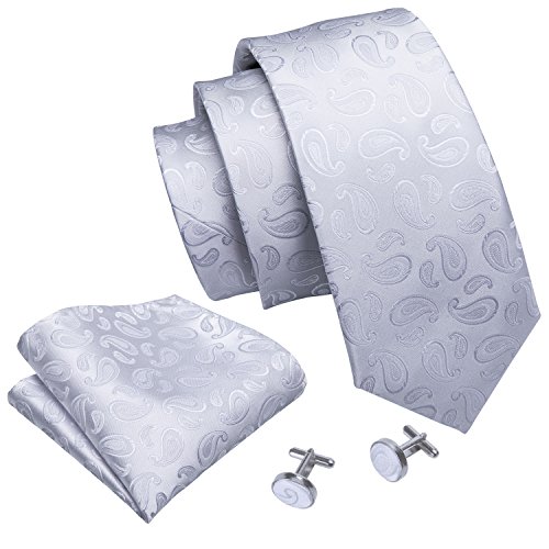 Barry.Wang White Paisley Ties Pocket Square Cufflinks Set Wedding Necktie Set