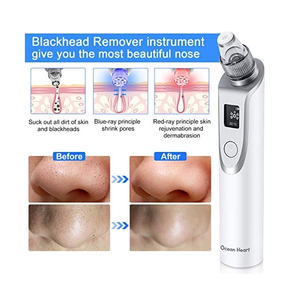Blackhead Remover Pore Vacuum, Ocean Heart Pore Cleaner with Blue/Red Ray Light and Large LCD Display, Electric…