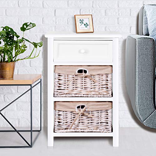 image for Giantex Wooden Nightstand 3 Tiers W/ 2 Baskets and 1 Drawer Bedside So