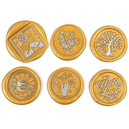 Wax Seal Stamp Set, Mornajina Botanical and Moon Series Sealing Stamp, 6PCS Vintage Brass Stamp Heads + 1Pcs Wooden Handle Kit for Wedding Invitation