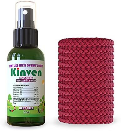 Kinven Insect Repellent Bundle - Mosquito Wristband Repellent &amp; Spray, Waterproof, Natural, DEET-free, Indoor &amp; Outdoor Protection for Adults &amp; Kids (2oz spray bottle + 12 bracelets, Red)