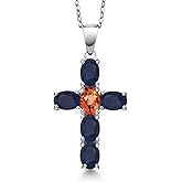 Gem Stone King 925 Sterling Silver Blue Sapphire and Orange Sapphire Cross Pendant Necklace for Women | 3.33 Cttw | Gemstone September Birthstone | Oval 6X4MM | With 18 Inch Chain