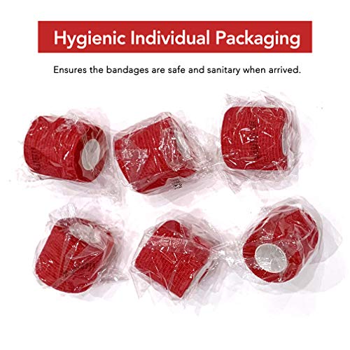 Cohesive Bandage 2" x 5 Yards, 6 Rolls, Self Adherent Wrap Medical Tape, Adhesive Flexible Breathable First Aid Gauze Ideal for Stretch Athletic, Ankle Sprains, Swelling, Sports, Human, Animal, Red
