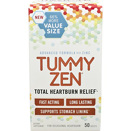 TummyZen Advanced Heartburn and Relief with Patented Natural Zinc and Calcium Formula, Long Lasting and Fast Acting - 50 Caplets (Best Time To Take Pepcid Complete)