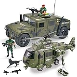 JOYIN 2 in 1 Friction Powered Military Vehicle Truck Car Set Including Humvee, Helicopter and Army Men Action Figures with Lights and Sounds / Sirens