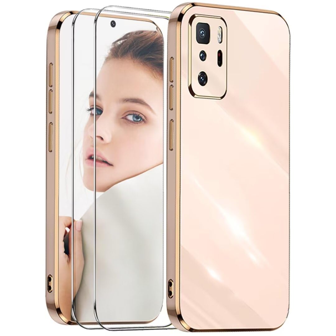 ATISIJIE Compatible with XiaoMi Poco X3 GT/XiaoMi Note 10 Pro 5G Case,Electroplated Design Shockproof Protective with 2 Tempered Glass Screen Protector and Full Camera Lens Protection Phone Case-pink