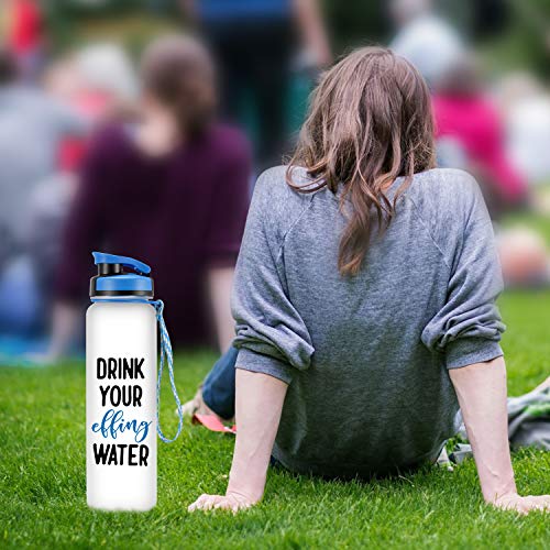 LEADO 32oz 1Liter Motivational Tracking Water Bottle with Time Marker - Drink Your Effing Water - Funny Birthday Gifts for Women, Men, Best Friends, Coworkers, Mom, Dad, Her, Him - Drink More Water