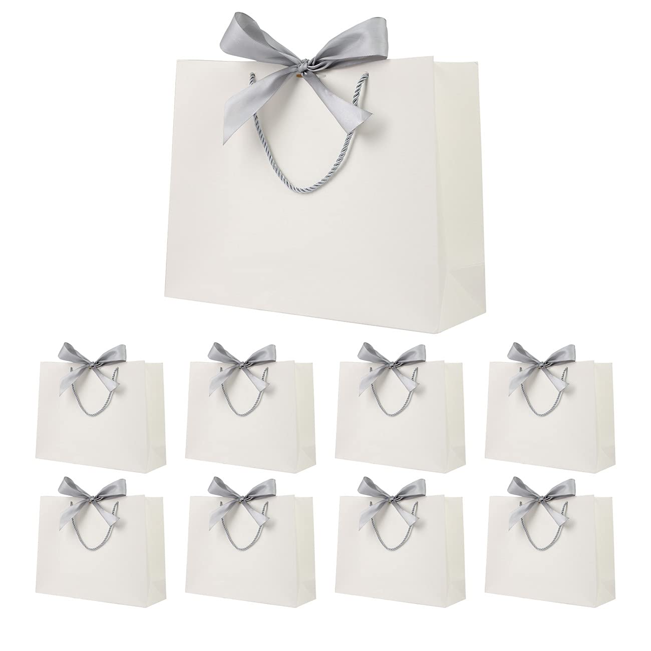 Gift Bags White with Silver Bow Ribbon,Luxury Present Bags for Birthday,Weddings,Party,Bridesmaid,Bridal Shower,12.6x9.8x3.9inches,(White,8 Pack)