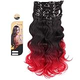 Creamily(TM) #1B/BUG/RED For Full Head Synthetic Clip In Hair Extensions Curly Accessories 8 Pieces 18“ (Natural Black To Dark Red To Red)
