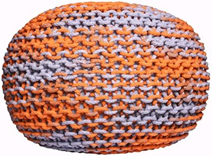 MystiqueDecors Gray &amp; Orange Knitted Pouf Ottoman Round Hand Knitted Braided Floor Comfortable Seat Footstool