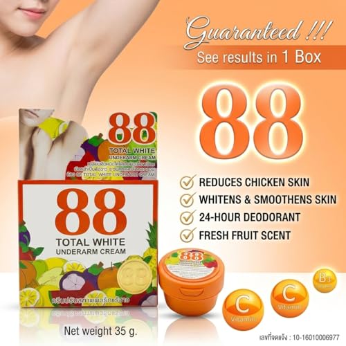 88 Total White Underarm Brightening Cream 2PCS COMBO PACK with Vitamin B3, Licorice Extract & Odour Control for Dark Underarms, Smooth Lightweight Daily Care Cream for Women and Men, 2x35g