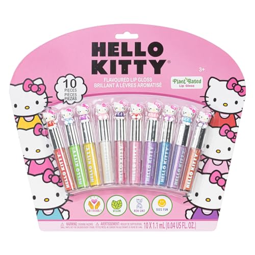 Hello Kitty 10 Piece Plant Based Lip Gloss, Girls Party Favors, First Makeup Set for Girl, Perfect for Parties, Sleepovers, and Birthday Gifts, Ages 3+, by Townley Girl