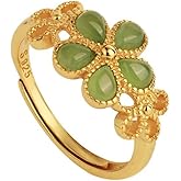 Elegant Green Daisy Flower Ring for Women 18K Gold Plated Artificial Jade Shell Stone Expandable Adjustable Open Wrap Finger Rings Comfort Fit Birthday Holiday Party Jewelry Gift