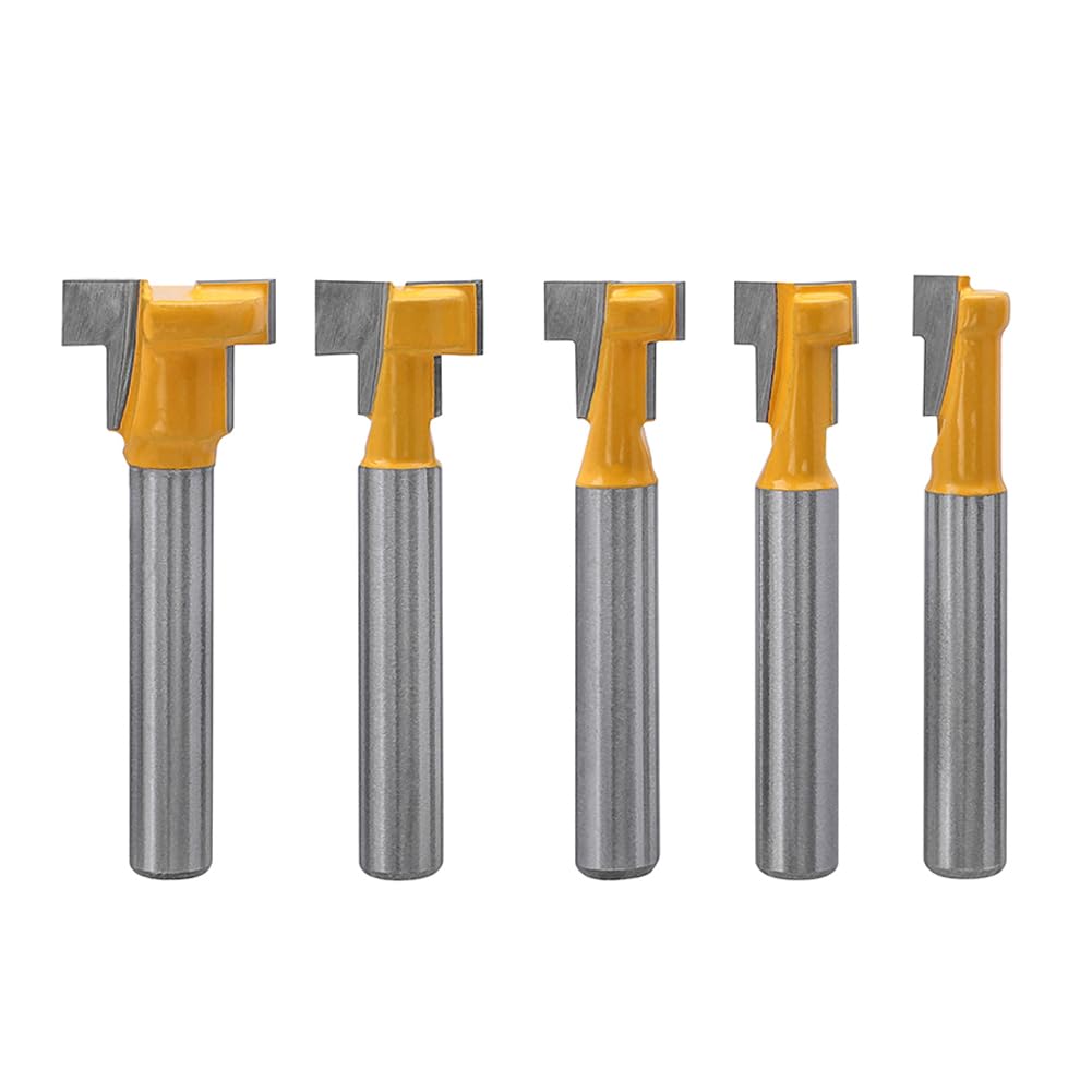 Gasea 5pcs 1/4" Shank Handle T-Slot Cutter Router Bit T-Track Keyhole Bits for Woodworking Cutting Tool 5/16", 3/8", 1/2", 7/16" & 5/8" Hex Bolt