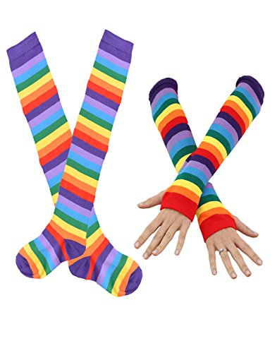 Womans Rainbow Stripe Knee Thigh High Socks and Long Arm Warmer Fingerless Gloves for Man Kids (SET A)