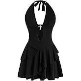 SOLY HUX Women's Gothic Halter Ruffle Mini Dress Backless Party Club Bodycon Dresses