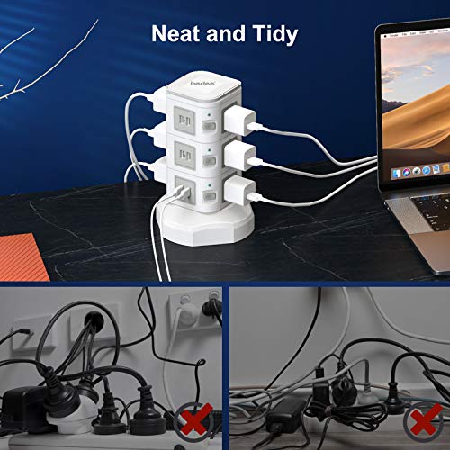 bedee Tower Extension Lead, Surge Protector Extension Lead with 6 USB Slots and 9 Outlet Plugs, Power Strip Tower with 10W Fast Wireless Charger, 6.5ft Extension Cord