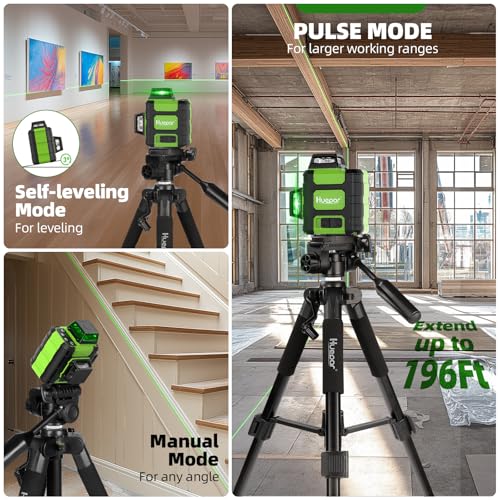 Huepar 3 x 360° Cross Line Laser with 127 cm Tripod, Laser Spirit Level Leveling Device Self-Levelling with Pulse Mode, for Indoor and Outdoor Use, Green Line Laser for Construction Projects and Renovation
