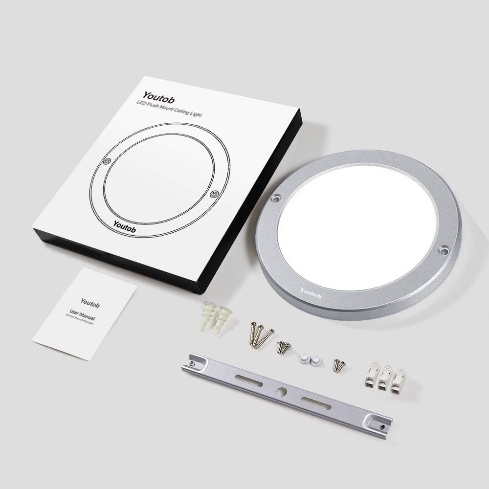 Youtob LED Flush Mount Ceiling Light, 15W 100 Watt Equivalent, 1200lm Brushed Silver Round Lighting Fixture for Closets, Kitchens, Stairwells, Basements, Bedrooms, Washrooms (Cool White 4000K) - - 