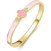 KYJAC 18k Gold Plated Stainless Steel Four Leaf Clover Bracelet for Women - Non-Tarnish, Precision Polished Chunky Oval Bangle in Black, White, Pink, Red Clover Bangle
