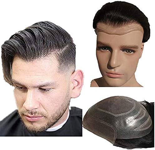 Mens Human Hair Toupee Hairpieces Swiss Lace Front Replacement System Combined with PU base 10X8 inch large size N.L.W. Jet Black 6 inch Gentlemen Hair piece