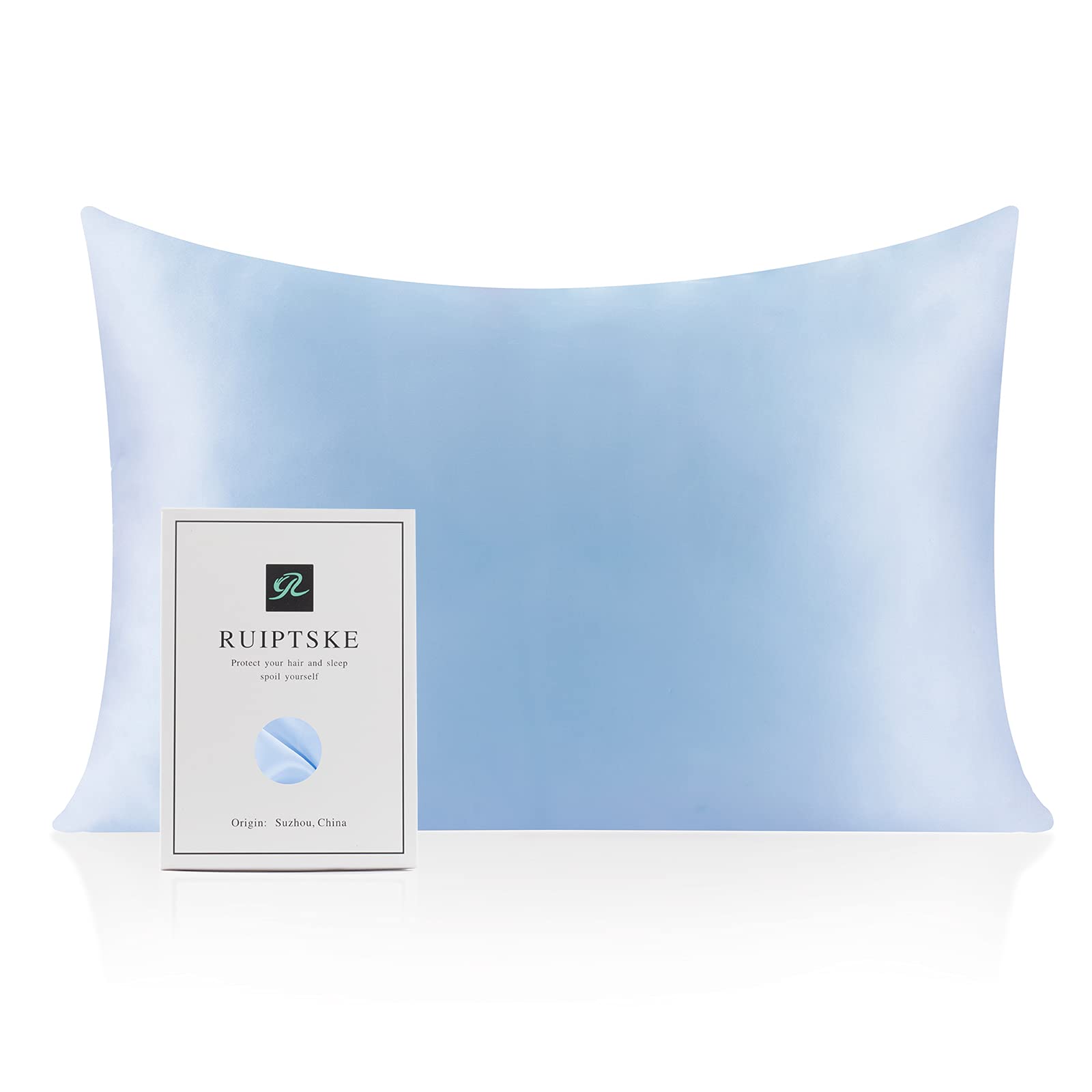 RUIPTSKE Natural Silk Pillowcase Hypoallergenic 22 Momme 100% Silk Pillowcase 600 Thread Count with Zipper (Light Blue, 50x90cm)