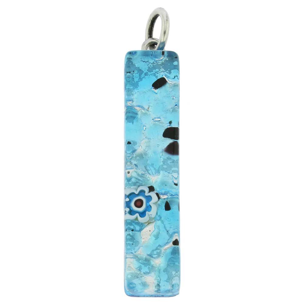 Glass Of Venice Murano Glass Venetian Reflections Stick Rectangular Pendant Silver Aqua Purple Flowers - Handcrafted Venetian Jewelry Made in Italy