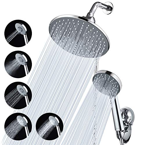 Shower Head Combo, Baban 9" Adjustable High Pressure Rainfall Showerhead & 5 Settings Handheld Shower Head Combo with Strong Suction Cup Holder/ 3-Way Water Diverter/ 1.5M Stainless Steel Hose