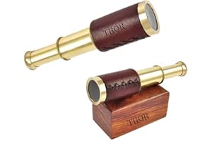THOR INSTRUMENTS Antique Marine 6" Brass Handheld Telescope Pirate Nautical with Anchor Wooden Box Rustic Vintage Home Decor Gifts