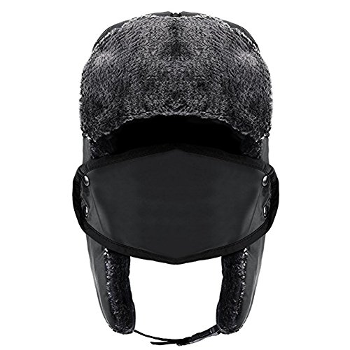 Unisex Winter Trooper Trapper Hat - Windproof Waterproof Warm hat with Adjustable chin strap & Removable face mask for All Sports Outdoors Snowboard, Outdoor Cycling Snow Shoveling (Black)