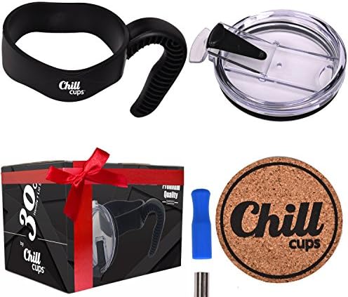 Handle and Spill Proof Flip Lid Bundle for 30 oz Insulated Drinking Thermal Tumbler Mug - Silicone Tip for 8mm Straw - Bonus Cork Coaster By Chill Cups
