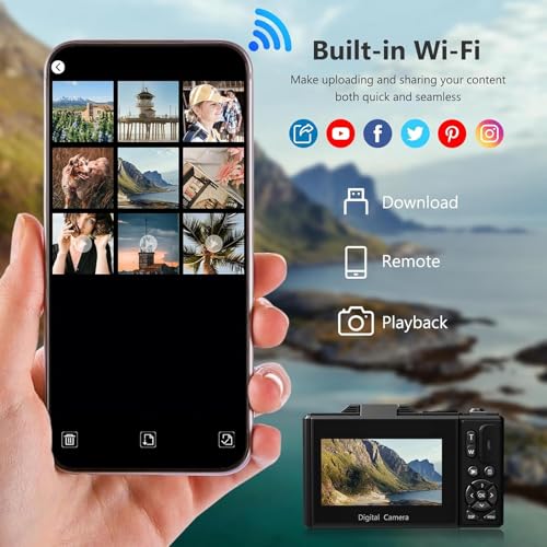 5K Digital Camera, WiFi 75MP Digital Point and Shoot Camera with 18X Zoom Anti Shake, 3" 180°Flip Screen Compact Travel Camera with Flash for Adult Beginner (2 Batteries+ 32GB SD Card) (Black)