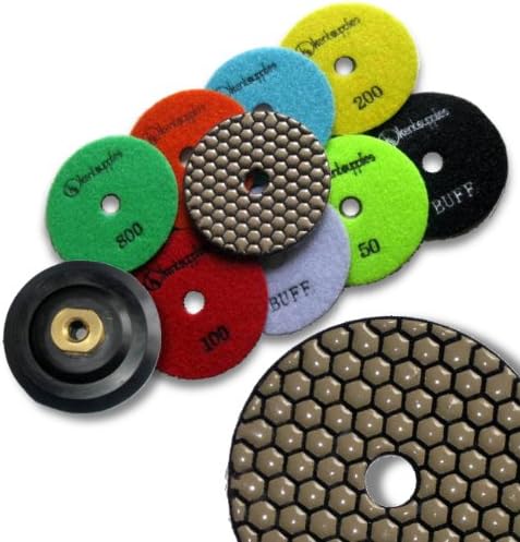 KENT 10 DRY 4" Premium Quality, Assorted Grits, 2mm Thick, Diamond Polishing Pads With Black And White Buff, and Velcro Style M14 Pad Holder