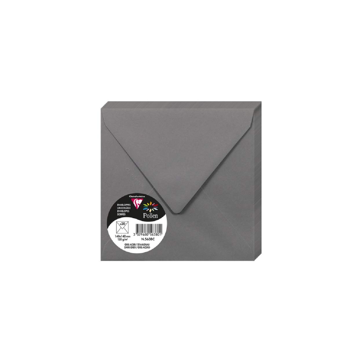 Clairefontaine 5638C Pack of 20 Gummed Envelopes Square Format 14x14cm 120g/m² Dark Grey Invitation Events Correspondence Pollen Range Premium Smooth Paper