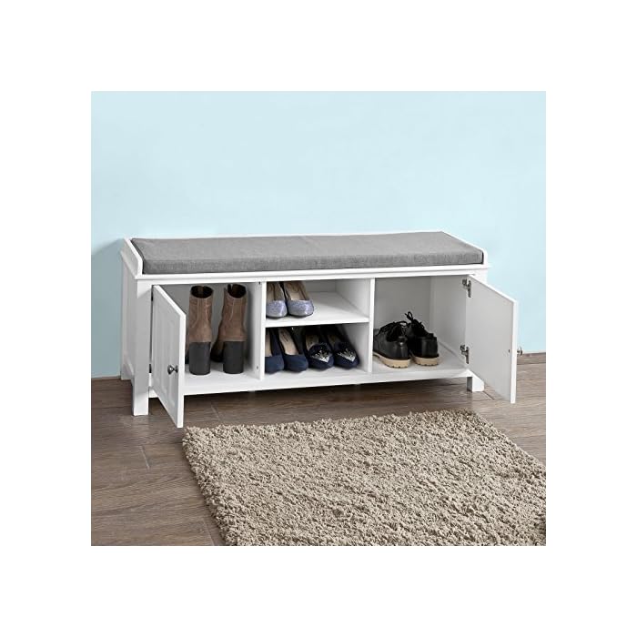 Haotian FSR35W, White Storage Bench with 2 Doors, Shelf & Removable