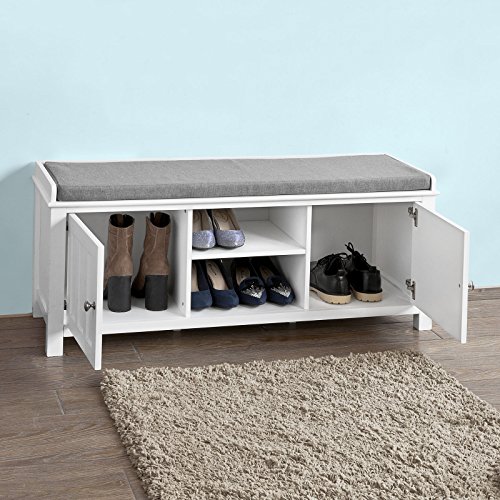 Haotian White Storage Bench with 2 Doors & Removable Seat Cushion, Shoe