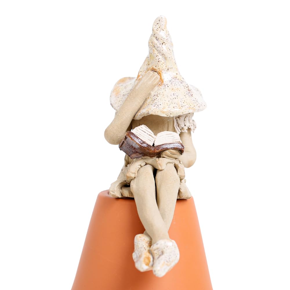 Fairy garden shy fairy figurine, pixie plant pot ornament reading her book, speckled cream.