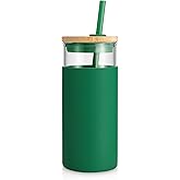 Tronco 20 oz Glass Tumbler with Lid and Straw, Iced Coffee Cup and Smoothie Cup with Bamboo Lids & Protective Silicone Sleeve, Dishwasher Safe, BPA-Free, Glass Cup 1 Pack