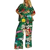 UEHCNFU Women's Summer Print Two Piece Pajama Set Short Sleeve Outfits Button Down Tops Drawstring Long Pants Sleepwear Sets