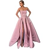 MllesReve Womens Long Strapless Satin Prom Dress Sleeveless Slit Evening Ball Gown with Pockets