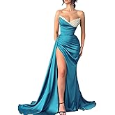 Strapless Mermaid Beaded Satin Prom Dresses 2026 Sequin V-Neck Split Pleated Long Formal Evening Party Gowns with Train