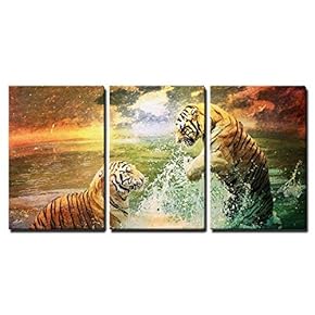 Tiger and Tigress Playing in The Sea x3 Panels