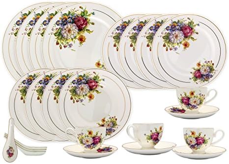 TransSino Treasures Bone China 24 Piece Dinnerware Set Colorful Blossom and Gold Rims, Service for 4