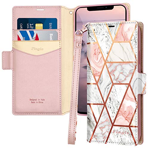 Fingic for iPhone 11 Pro Max Case, Rose Gold Marble PU Leather