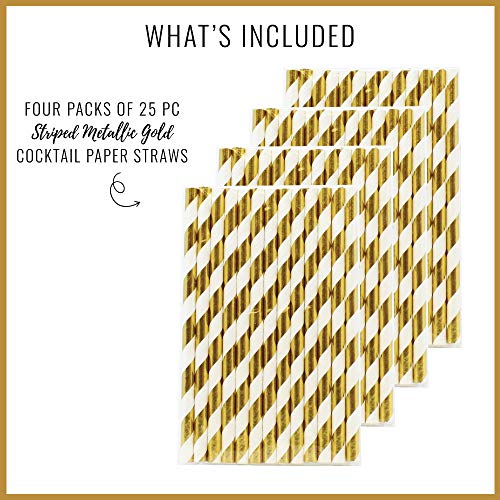 Just Artifacts 100pcs Premium Biodegradable Cocktail Paper Straws (Striped, Gold)