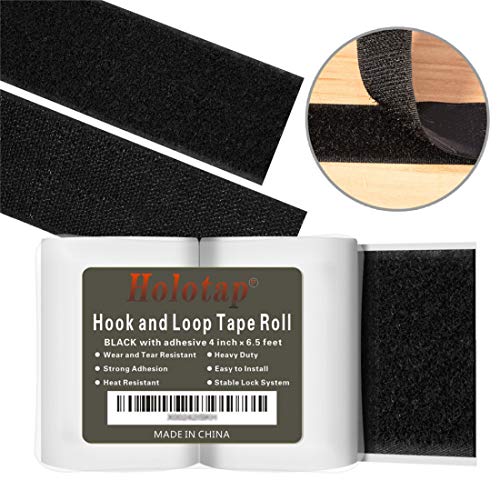 Holotap 4 Inch Wide 6.5 Ft Long Sticky Back Hook and Loop Tape Roll, Self Adhesive Fastener Strips, Black | 6.5ft x 4in Roll (4 Inch Wide Black)