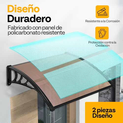 VIVOHOME Outdoor Canopy 100 x 200 cm for Doors and Windows Brown Polycarbonate Awning with Black Brackets Protective Roof for Entrance and Garden